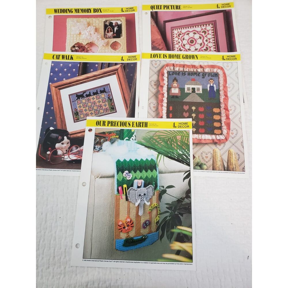 (J5) 1993 Annie's Attic Plastic Canvas Pattern Home Decor Lot of 5 Hole Punched